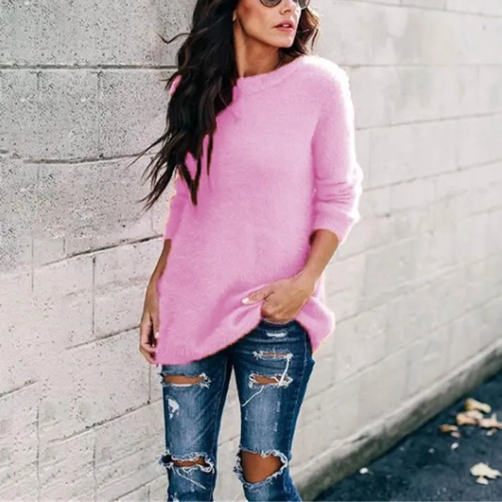 Women long sleeve knitted crew neck pullover sweater
