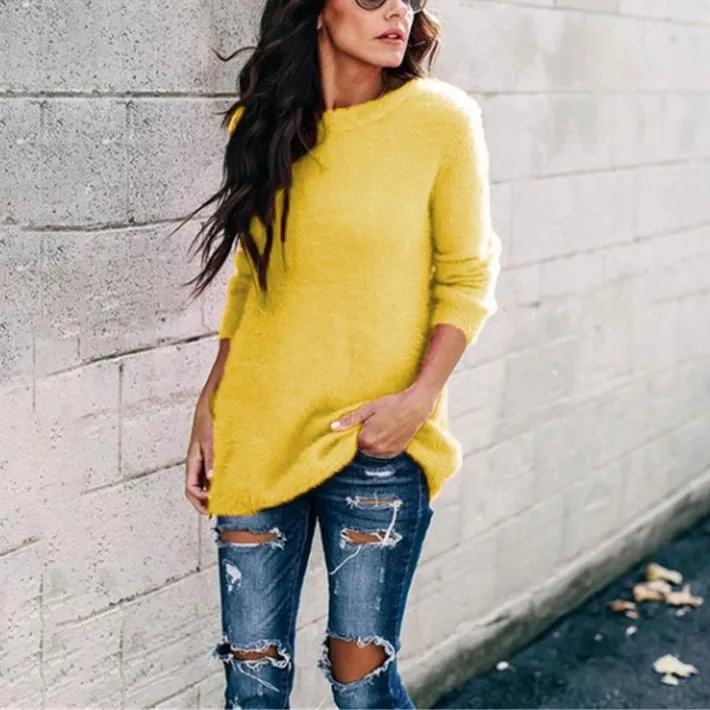 Women long sleeve knitted crew neck pullover sweater