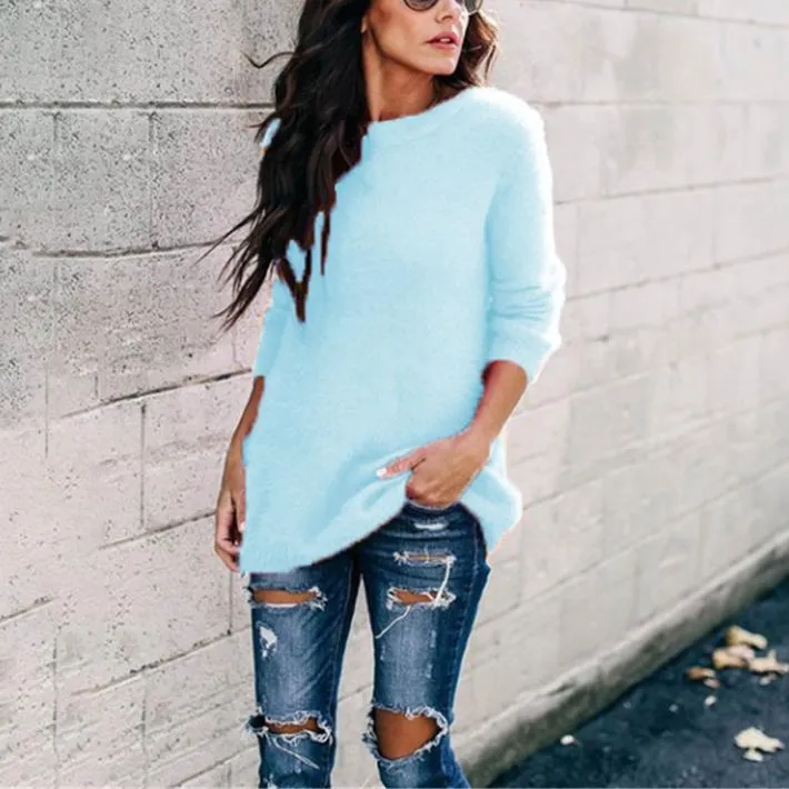 Women long sleeve knitted crew neck pullover sweater