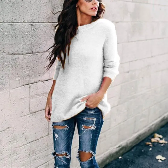 Women long sleeve knitted crew neck pullover sweater