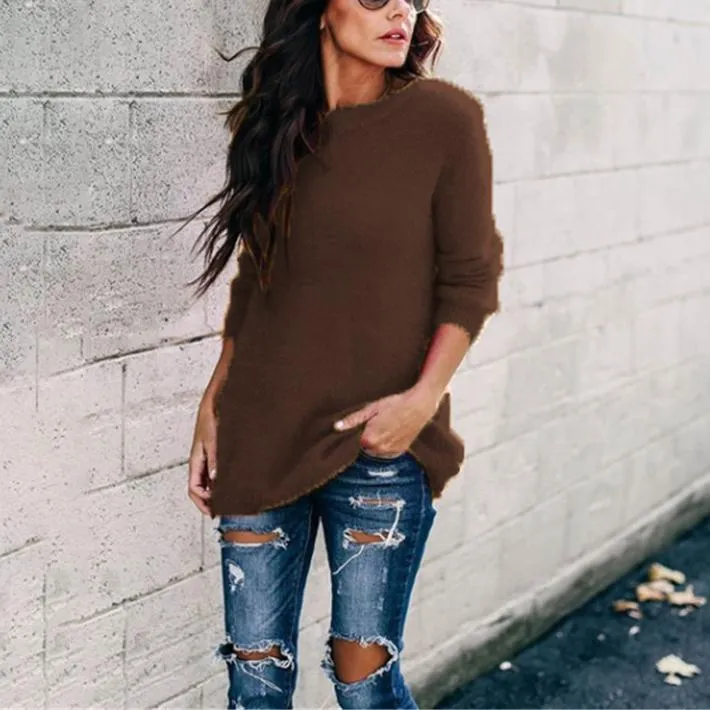 Women long sleeve knitted crew neck pullover sweater