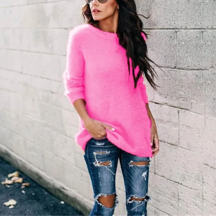 Women long sleeve knitted crew neck pullover sweater