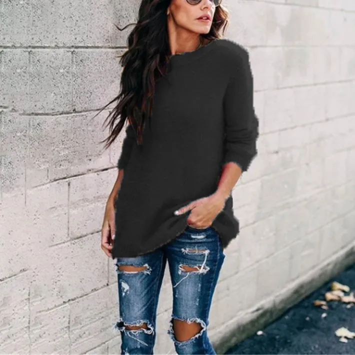 Women long sleeve knitted crew neck pullover sweater