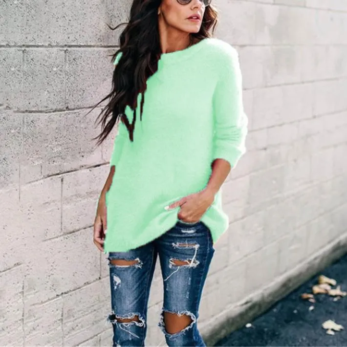 Women long sleeve knitted crew neck pullover sweater