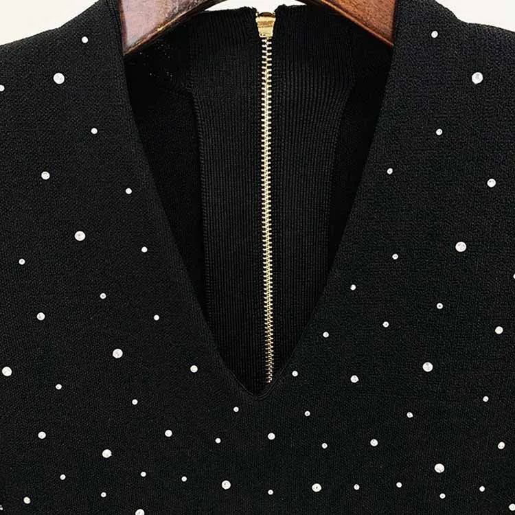 Women Rhinestone Bling Bling V Neck Knitwear heat-melting Long Jumper / Mini Dress Black , Birthday Party, Evening Out Dress