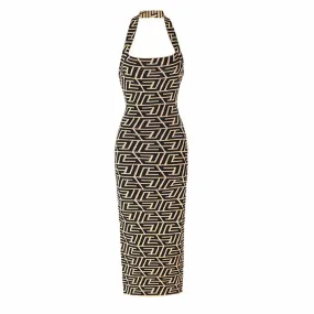 Women Sleeveless Halter Bra Knitted Long Dress Slim Geometric Pattern Dress