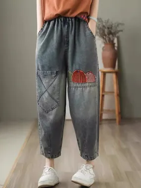 Women Summer Casual Embroidery Denim Harem Pants CV1047