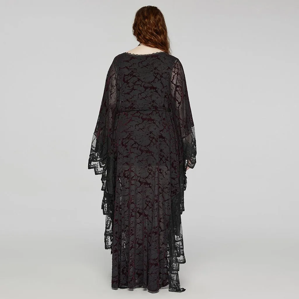 Women's Plus Size Gothic Plunging Bat Sleeved Black Red Witch Dress