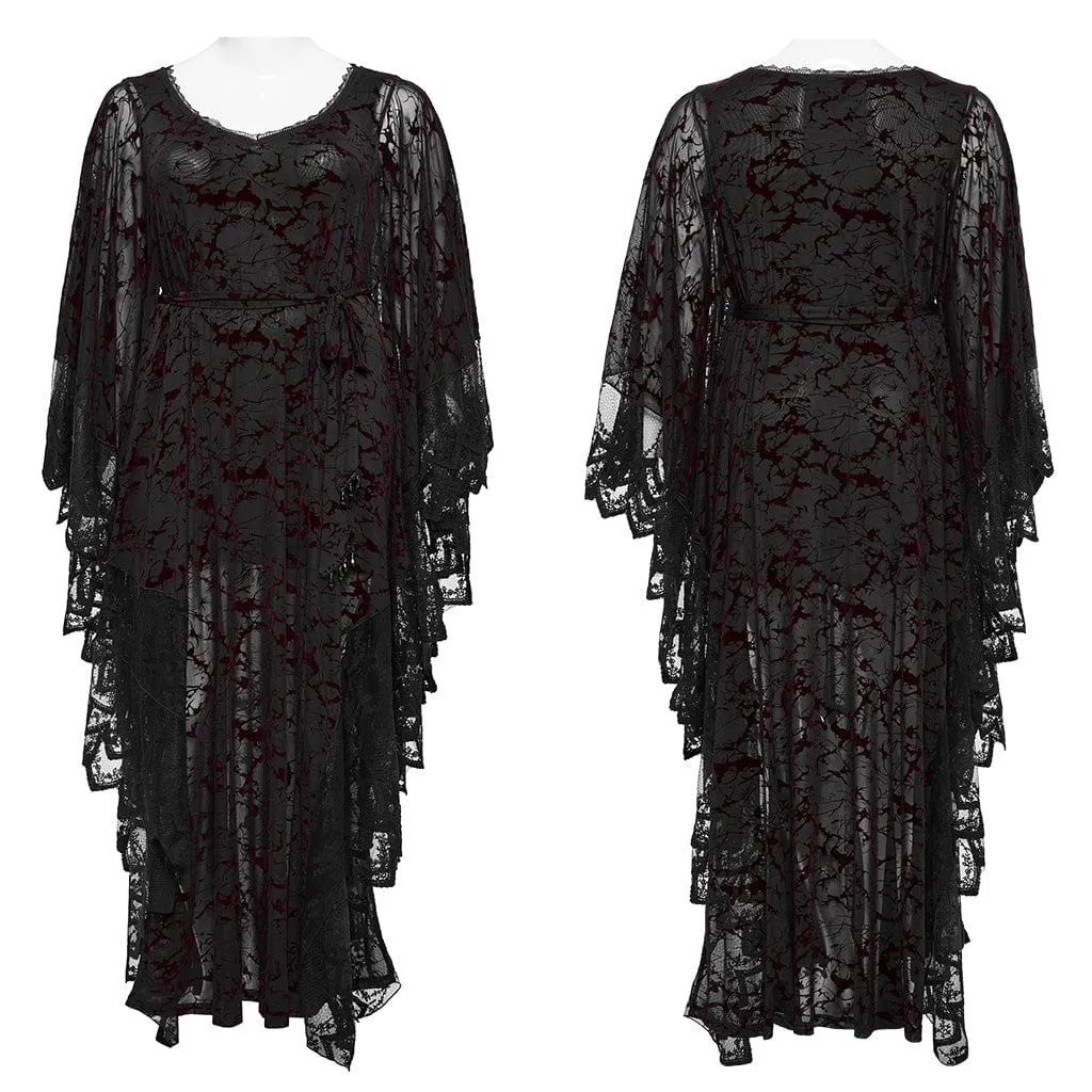 Women's Plus Size Gothic Plunging Bat Sleeved Black Red Witch Dress