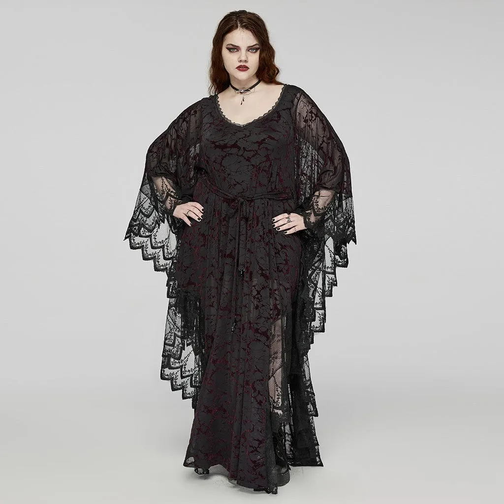 Women's Plus Size Gothic Plunging Bat Sleeved Black Red Witch Dress