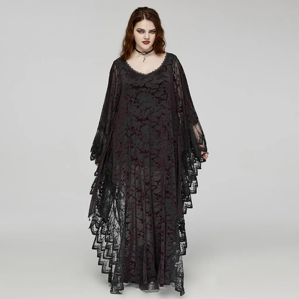Women's Plus Size Gothic Plunging Bat Sleeved Black Red Witch Dress