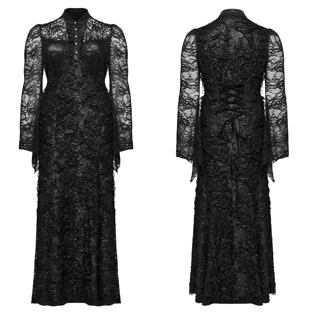 Women's Plus Size Gothic Turn-down Collar Lace Splice Gown Dress Wedding Dress