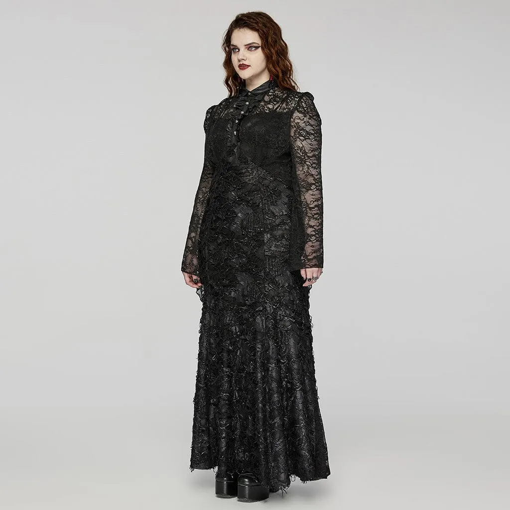 Women's Plus Size Gothic Turn-down Collar Lace Splice Gown Dress Wedding Dress