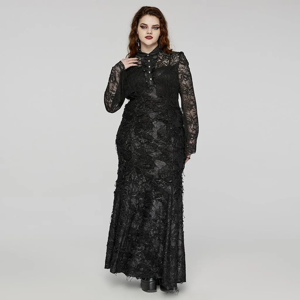 Women's Plus Size Gothic Turn-down Collar Lace Splice Gown Dress Wedding Dress