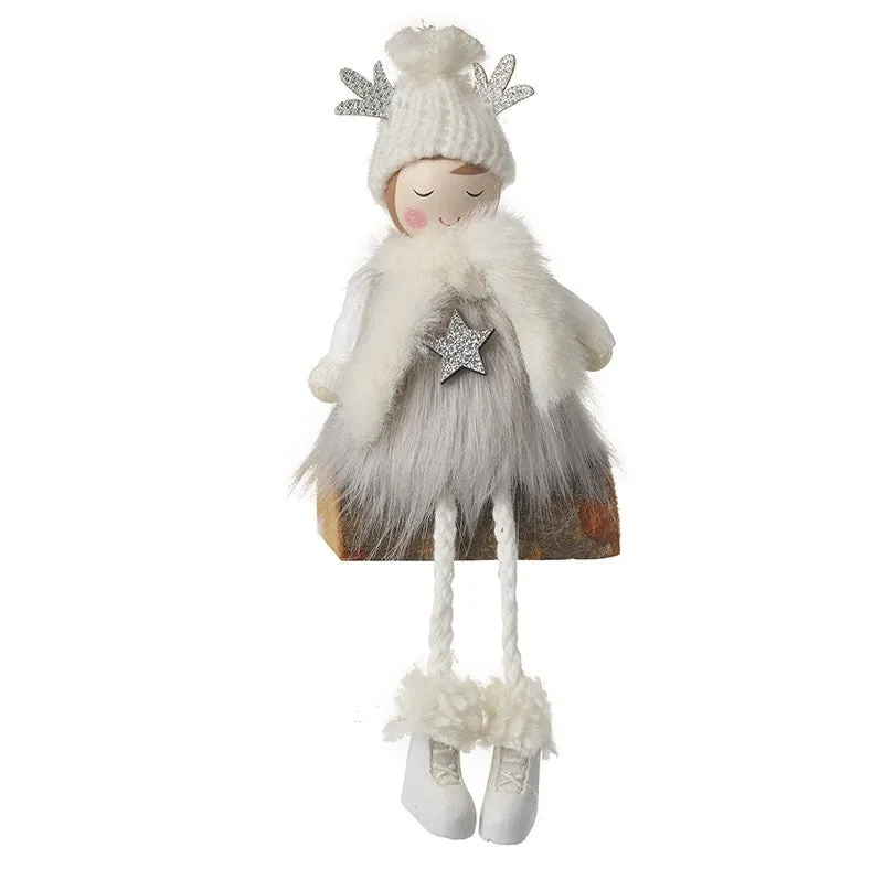 Wooden Girl Shelf Sitter with Rope Legs and Faux Fur