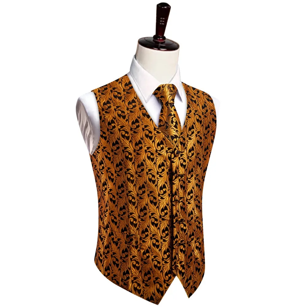 YourTies Orange Top Black Men Rust Orange Jacquard Floral V-Neck Vest Tie Set