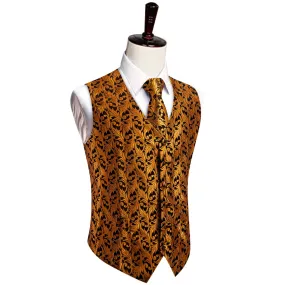 YourTies Orange Top Black Men Rust Orange Jacquard Floral V-Neck Vest Tie Set