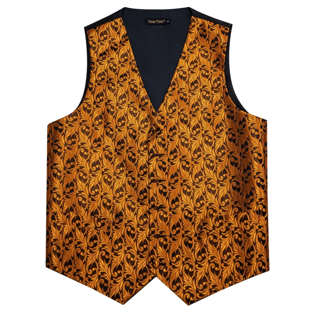 YourTies Orange Top Black Men Rust Orange Jacquard Floral V-Neck Vest Tie Set